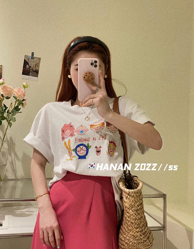 New in early summer! [Hanan] Korean versatile pattern printed short sleeve T-shirt 6121# LSL