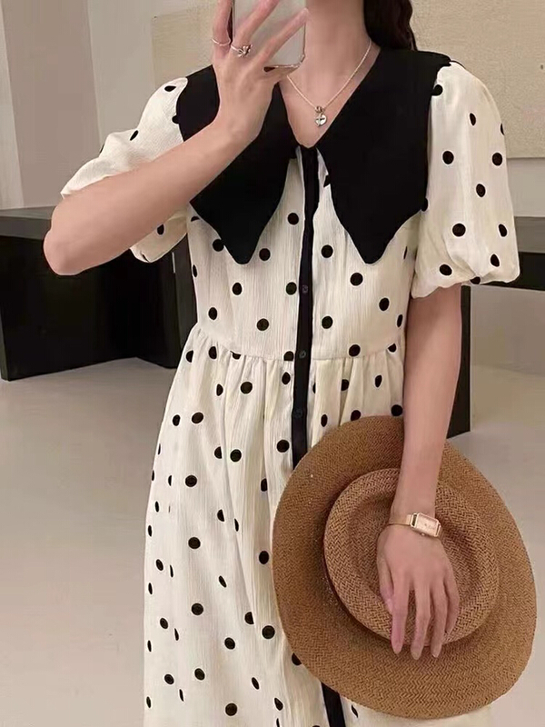 [spinach family] Han Xibo dot big Lapel bubble sleeve dress 6983# HBx