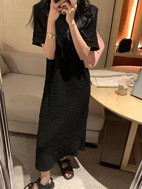[ISO Korean series] Korean version solid color pleated texture short sleeve dress 66156# hjy