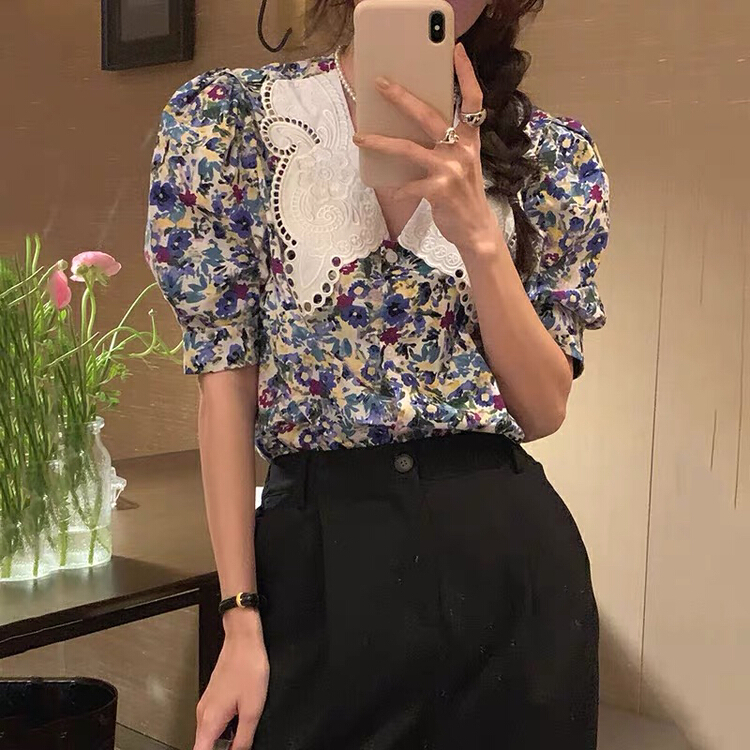 [timely rain] Han Feng ins retro sweet design Short Sleeve floral shirt 66630# WPL
