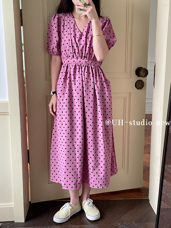 goods in stock! New in early summer! [uh] Han Fengbo point V-neck waist closing dress 7755# hjy