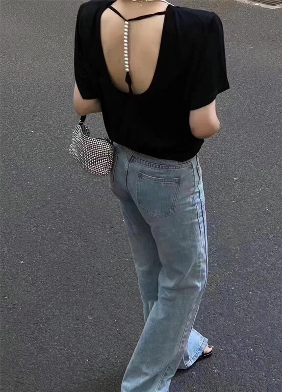 [C.L] pearl decorated hollow out short sleeve T-shirt ys1-816# ozq