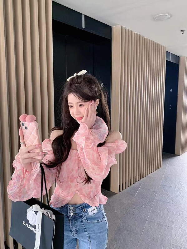 goods in stock! [tangtangjia] Korean version Fangling Chiffon single breasted blouse 2844# PCZ