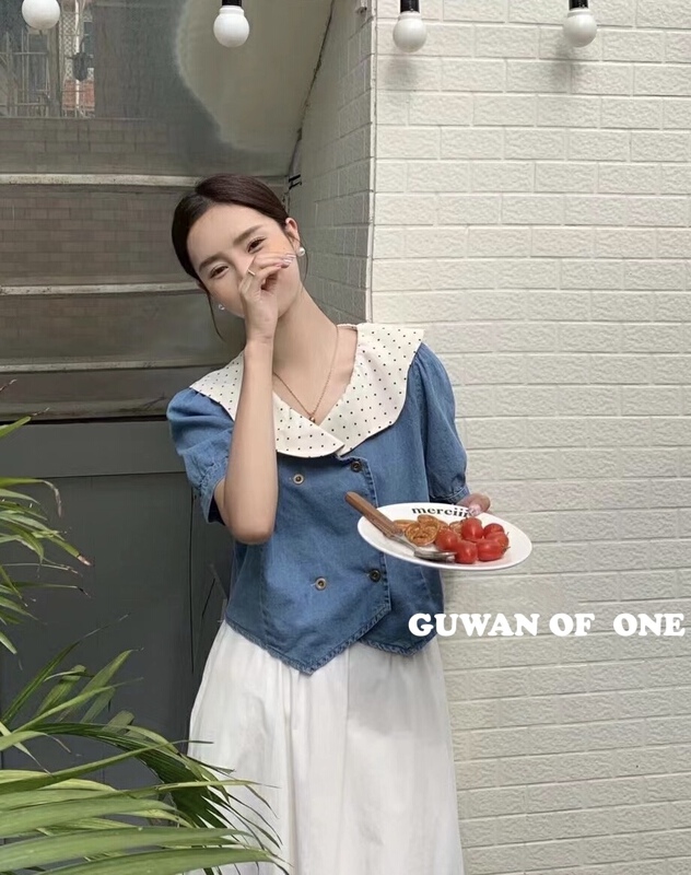 [Guwan] French retro wave dot printed double breasted denim shirt 5580# zxx
