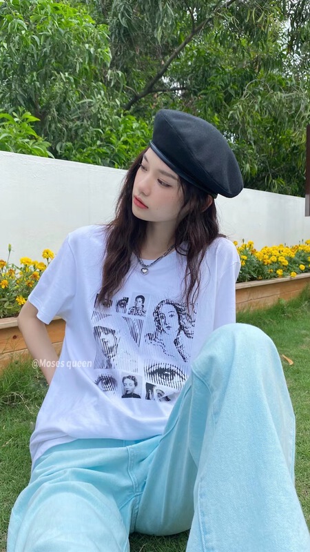 Live 91! [Moses queen] simple loose print short sleeve T-shirt 50388# XYY