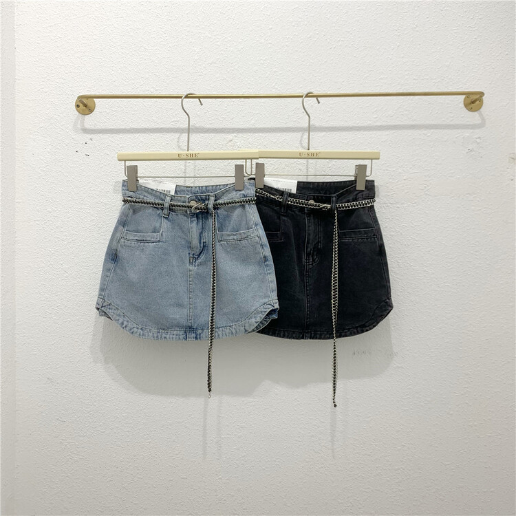[u.she] Korean casual slim denim skirt (with waist chain) 8007# cqw