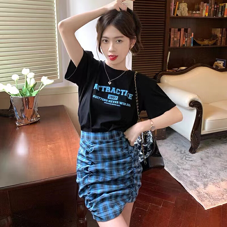 New in early summer! [I do do] letter printed short sleeved T-shirt + slim plaid skirt set 8101-2# cqw