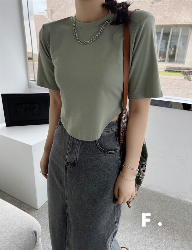 【F】 Fashionable and minimalist short net color shoulder pad short sleeve T-shirt (detachable with chain) 6096# zxx