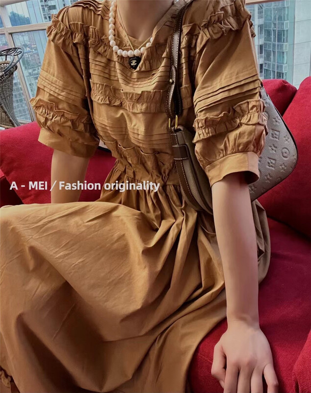 [A Mei Mei] solid color pleated short sleeve dress 22830# PCZ