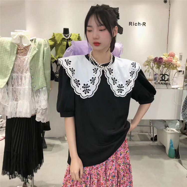 New year in early spring! [rich rich] fashion large lapel contrast short sleeve T-shirt 77772# zyh
