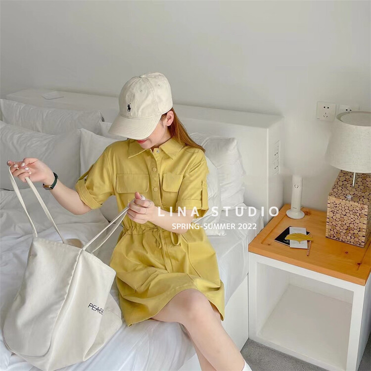 New in early summer! [Lina] tooling Vintage short sleeve drawstring dress 8751# zxx