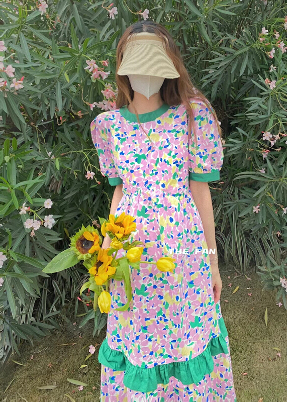 [the fan] Korean color contrast mosaic flower dress 501086# zxx