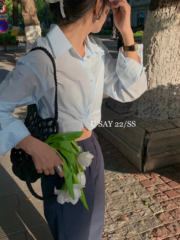 [u say] French front wrap design slim shirt 65568# LSL