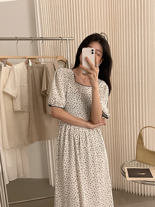 [soul] round neck floral Korean version gentle waist closing short sleeve dress at18170222l# CLS
