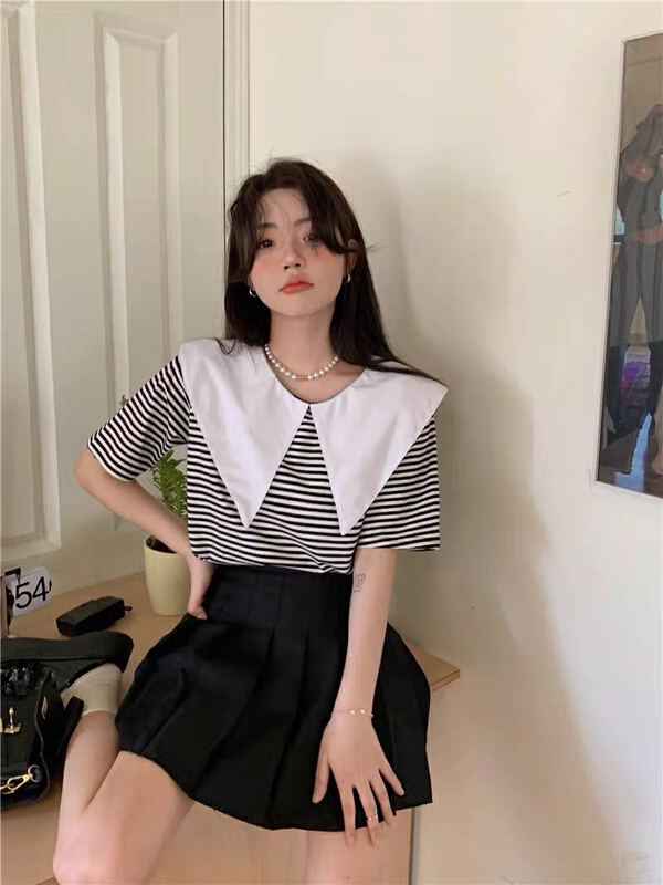 [Yuanxi · elements] aging design sense doll neck stripe Navy style short sleeve T-shirt (T-shirt only) 1915# WTT