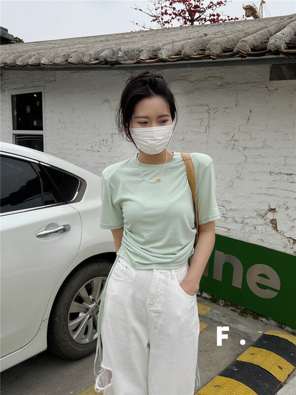 goods in stock! New in early summer! 【F】 Korean drawstring short ins shirt 6075# zxx