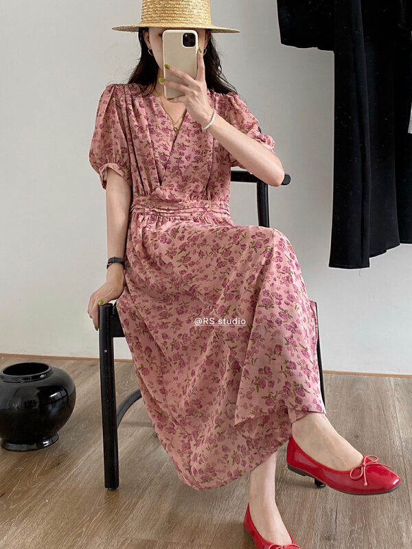 [RS] V-neck button floral dress dh2096# XYY