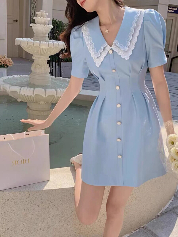 New in early summer! [Huaxi] Korean version gentle wind doll collar blue dress 8837# PCZ