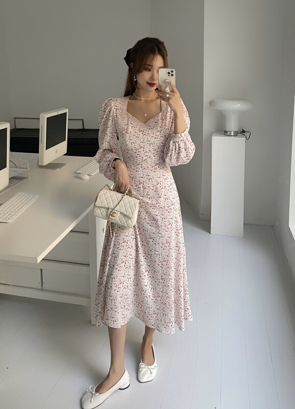 goods in stock! New year in early spring! [J2. J1wg] Korean floral square neck waist dress 22065# cqw