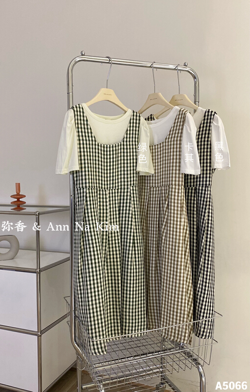 [Mi Xiang] Korean versatile short sleeved T-shirt + lady Plaid Dress Set (with waist rope) 5066# hjy