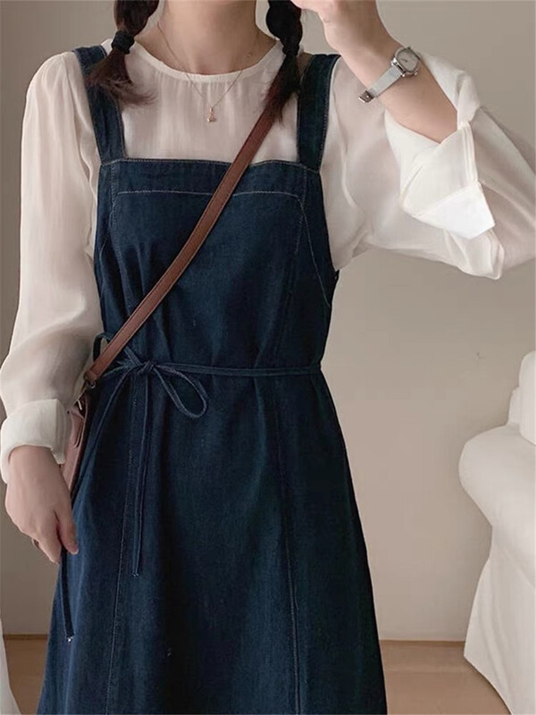 New year in early spring! [jun.t] round neck simple clean long sleeve T-shirt + Vintage denim strap skirt set 5500# PCZ