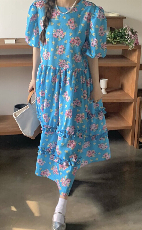 goods in stock! New in early summer! [timely rain] Han Feng ins retro sweet design sense flower aging bubble sleeve dress (only dresses) 51074# WPL