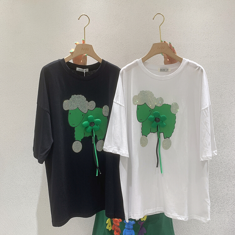 [Juju] lamb fashion retro short sleeve T-shirt (with pin flowers) 90018# LSL