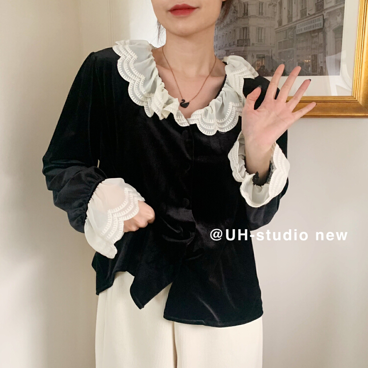 Original price 55.67! [uh] Korean sweet Ruffle Velvet French Vintage style small shirt 7178# hjy