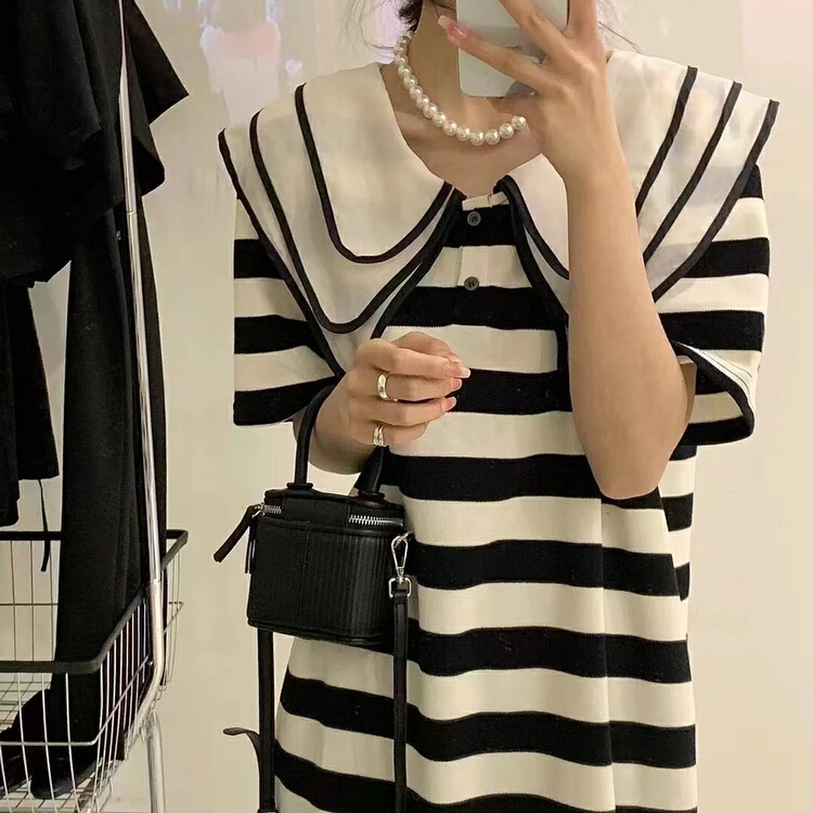 New in early summer! [Xiaoxiaojia] craft three-layer lace collar stripe dress (only dresses) 80389# WTT