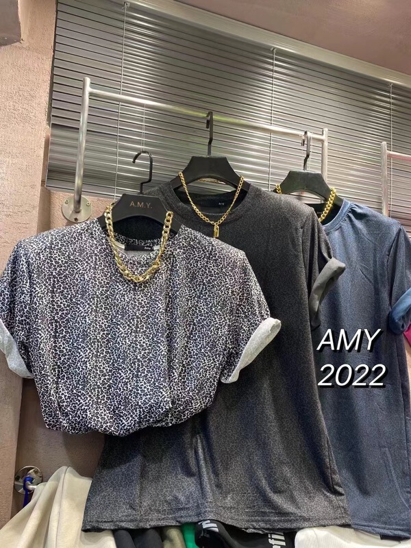 goods in stock! [Amy] loose shoulder pad personalized leopard short sleeve T-shirt 856# WTT