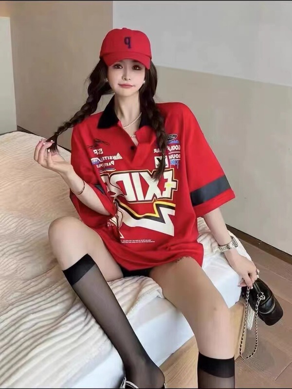 [muzijia] loose and versatile Polo print short sleeve T-shirt 66946# XYY