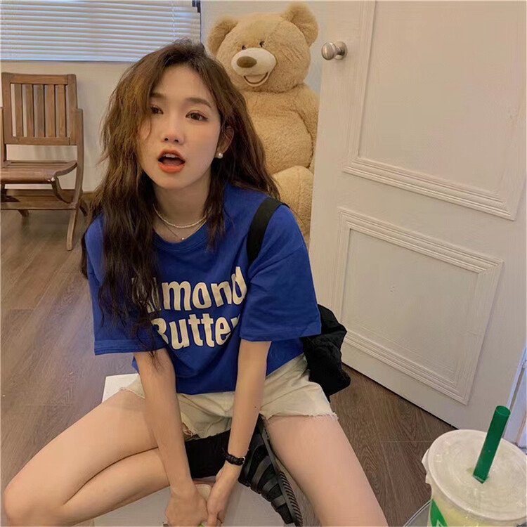 [timely rain] Korean alphabet printed loose short sleeve T-shirt 48449# WPL