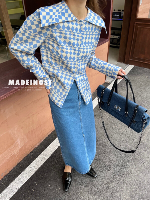早春上新！【歐莎MADEINOST】復古風高級感菱格大翻領襯衫  86139#  LL