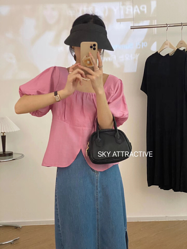 [sky] square neck bubble sleeve solid small shirt 19277# HBx