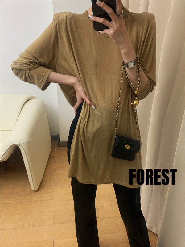 [forest] round neck clean comfortable long sleeve T-shirt a-8093# L