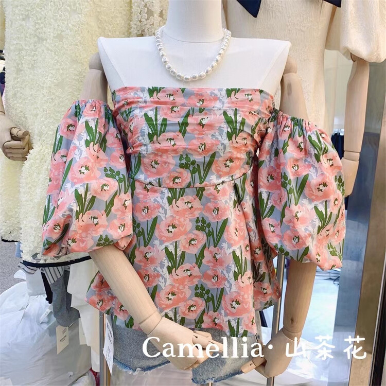 New in early summer! [Camelia] Vintage elegant bubble sleeve off shoulder shirt 9666# hjy