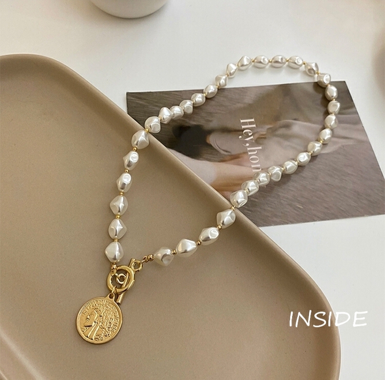 [inside] small pearl t-buckle gold coin portrait pendant collarbone short necklace x1968# zxl
