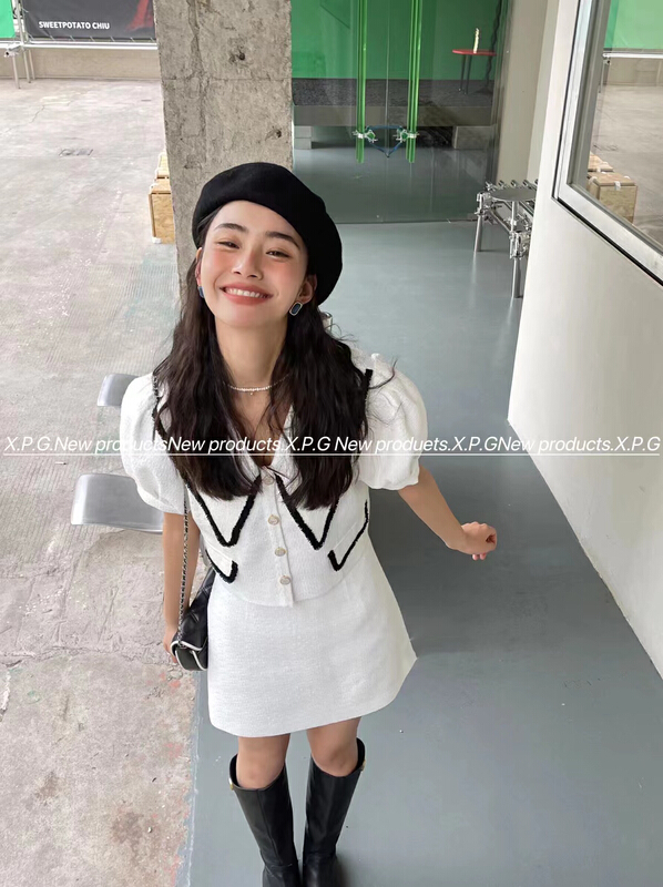 New year in early spring! [x.p.g] French temperament baby collar color contrast Top + High Waist Hip Wrap Skirt Suit 20612# hjy