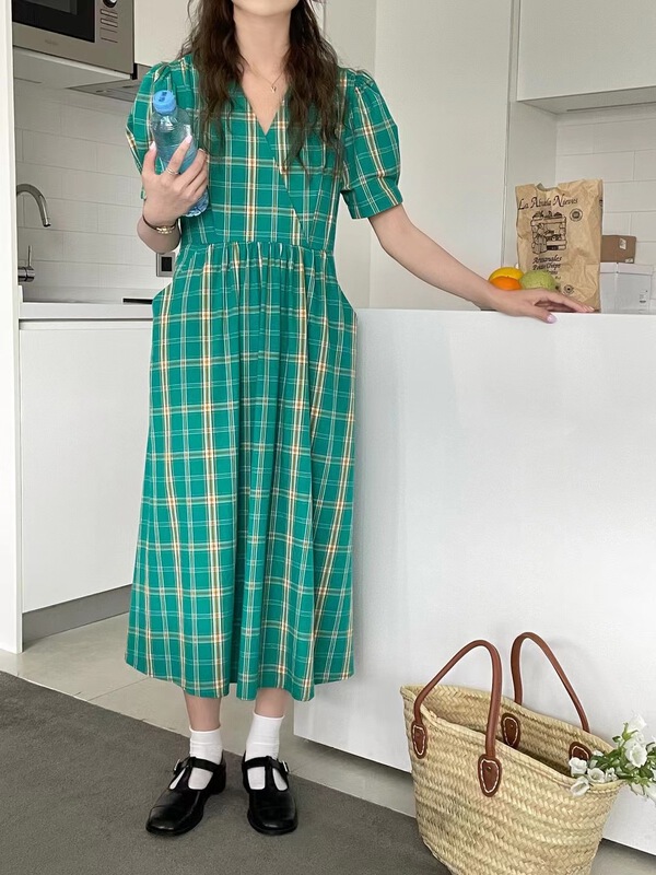 [feeding] Korean Plaid bubble sleeve loose dress 3392-j7# cqw
