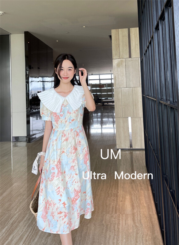 [um micron] Korean lady print waist closing dress 88293# hjy
