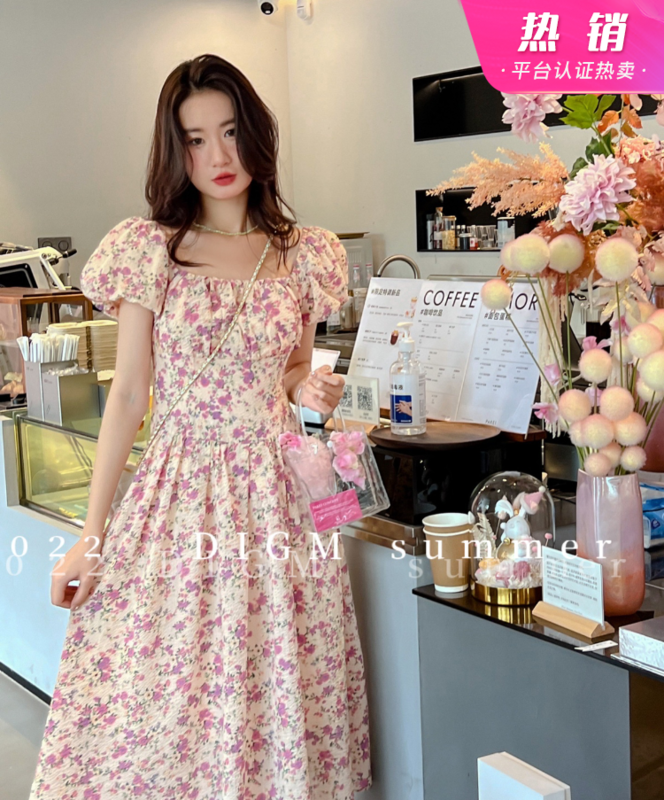 New in early summer! [digm] French first love fragmentary flower thin bubble sleeve dress 5953# zxx