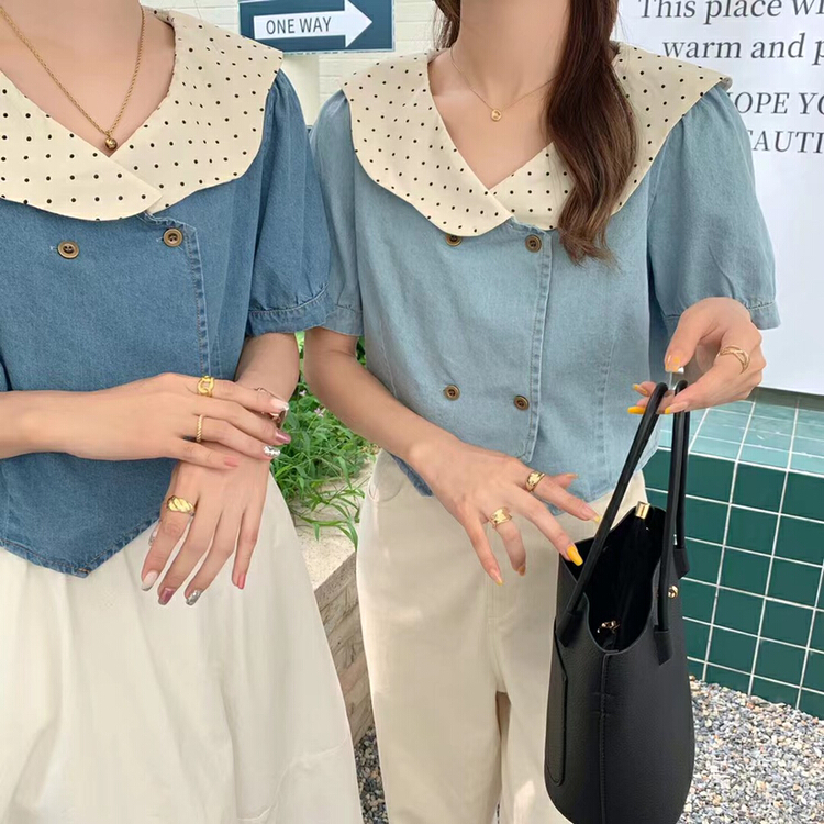 [Lina] Korean doll collar wave point denim shirt 8895# zxx
