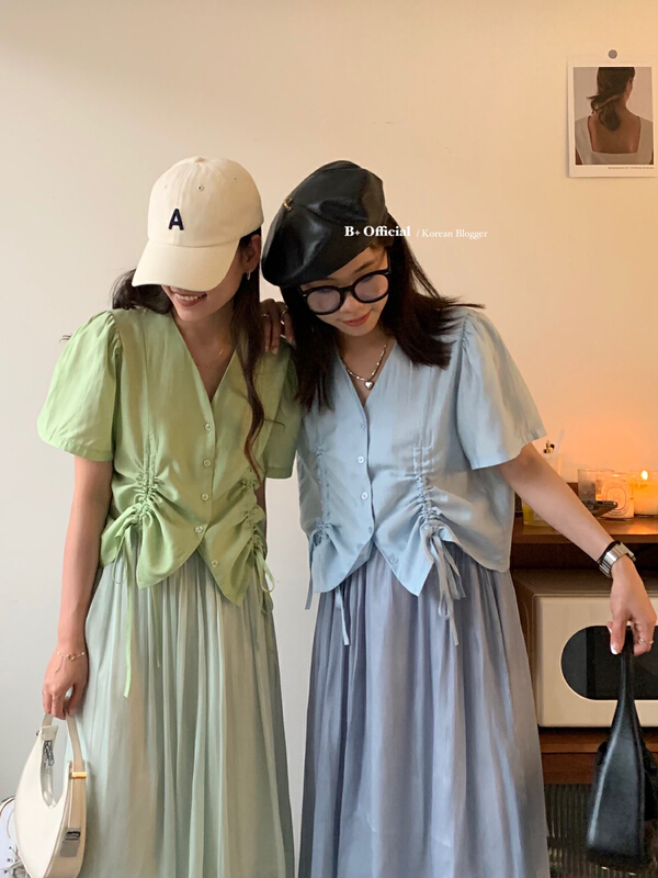 [B plus] V-neck quiet drawstring shirt 22-9411-2\hbx