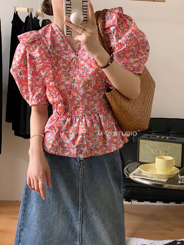 goods in stock! New in early summer! [m.zi studio] V-neck floral bubble sleeve blouse 5591# HBx