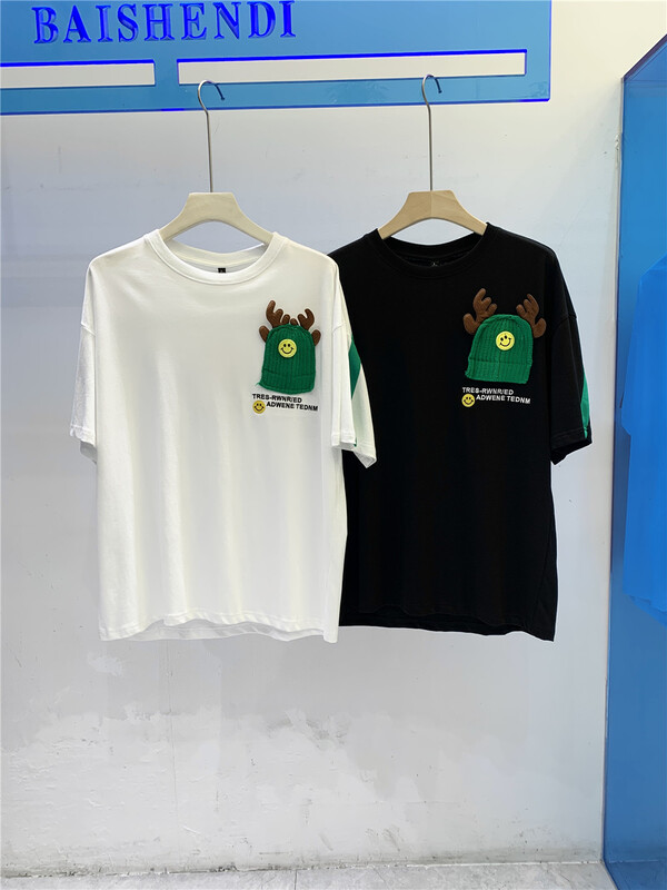 [Bai Shendi] men's and women's same letter embroidery personalized wool fabric pasted cloth short sleeve T-shirt 5732# ZZL