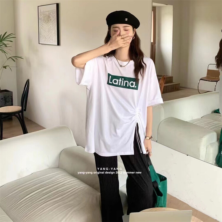 [Yang-Yang] a small group of people designed a slit drawstring letter short sleeve T-shirt (T-shirt only) c6187\cls