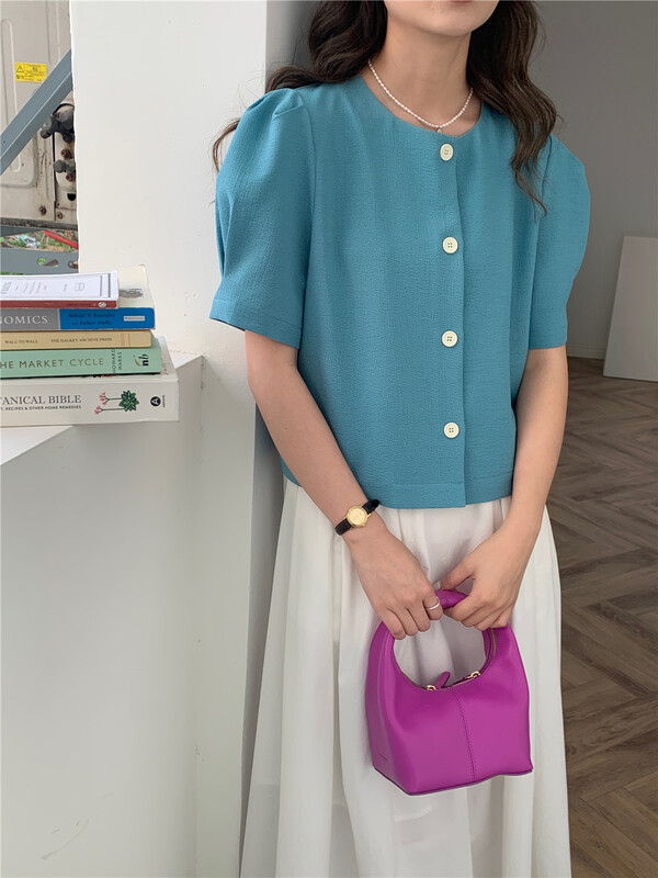 New in early summer! [feeding] Korean bubble sleeve button up blouse 7852# cqw