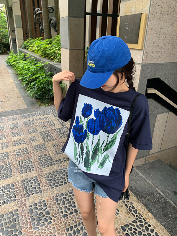 [neihe] crew neck loose print versatile short sleeve T-shirt 11528# zxx