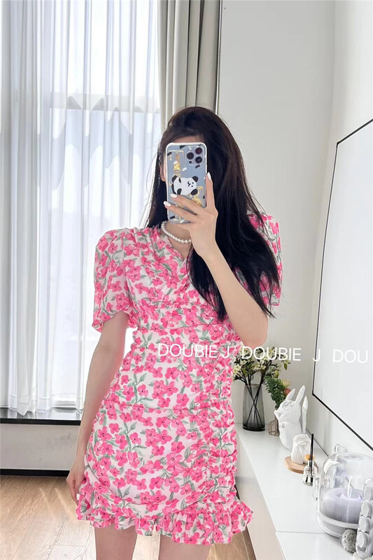 New in early summer! [double. J] Korean style broken flower bubble sleeve thin dress 1827# PCZ