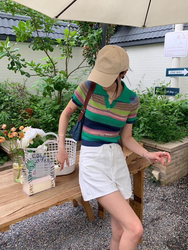 [Yiwan y.von] Pullover color matching stripe comfortable small shirt 1930# XJ